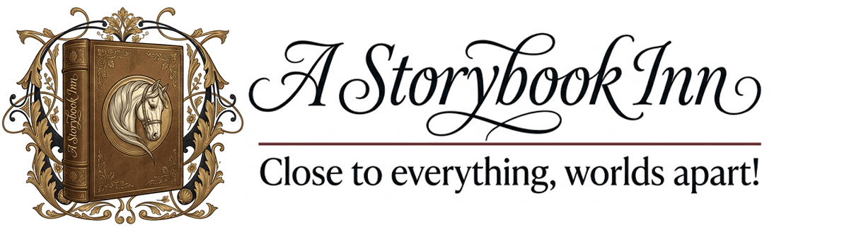Logo for A Storybook Inn featuring a horse illustration and the tagline "Close to everything, worlds apart!"